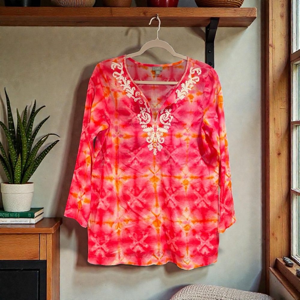 J.Jill Tie-Dye Embroidered Cotton Tunic Top Pink/Orange Boho Resort Style Medium